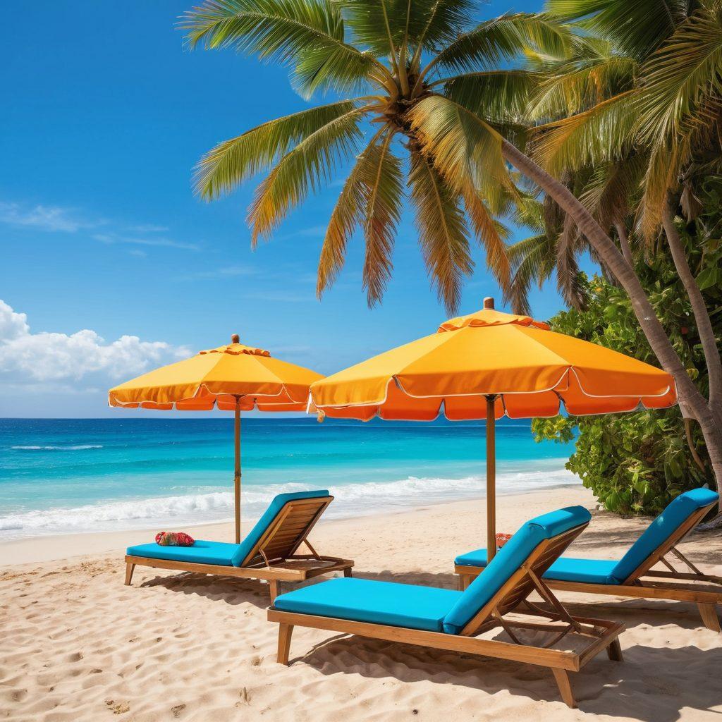 A vibrant beach scene featuring a stylish beach umbrella, colorful lounge chairs, and a refreshing poolside cocktail. In the background, depict clear blue ocean waves gently lapping the shore, with people enjoying various beach activities like surfing and beach volleyball. The foreground should showcase essential summer fashion items like sunglasses, straw hats, and swimwear. Include palm trees swaying in the breeze under a bright sunny sky. vibrant colors. super-realistic.